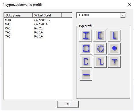 Tabela z nierozpoznanymi profilami podczas importu plików DSTV (*.stp)