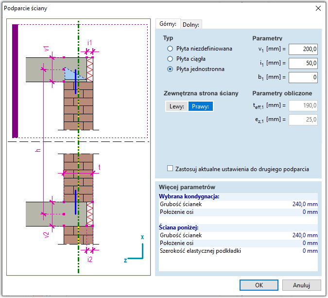 Definicja warunków podparcia ściany, która bezpośrednio wpływa na wartość mimośrodu siły przekazywanej przez strop