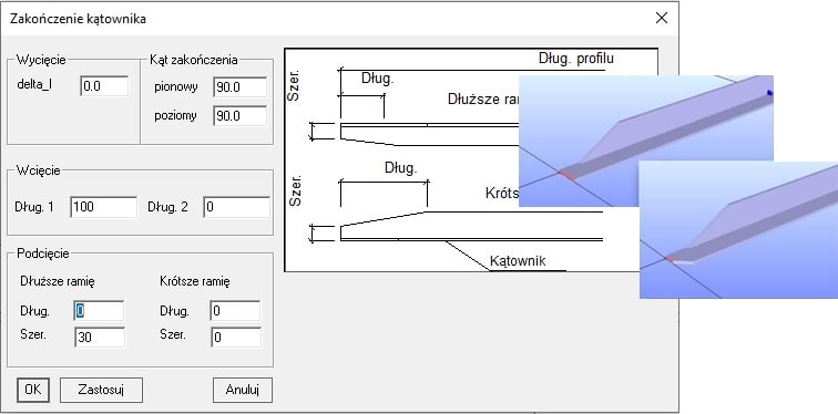Okno dialogowe kątownika + przykłady docięcia