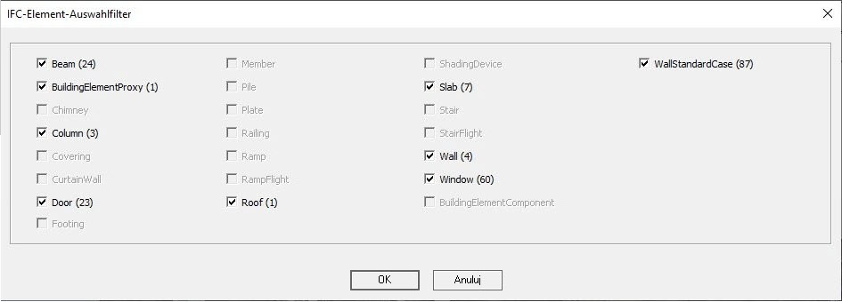 Okno dialogowe dot. importu plików IFC