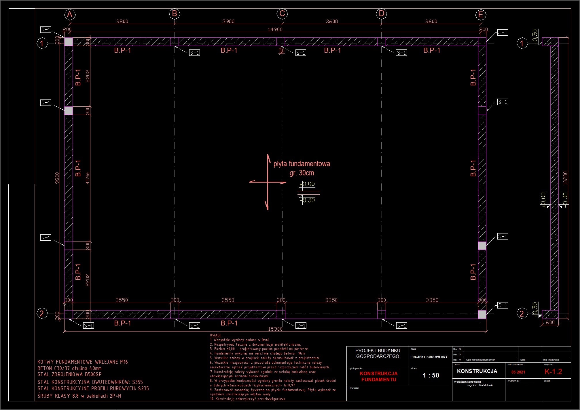 Konstrukcja fundamentu zrobiona na podstawie rzutu zakotwień w Virtual Steel