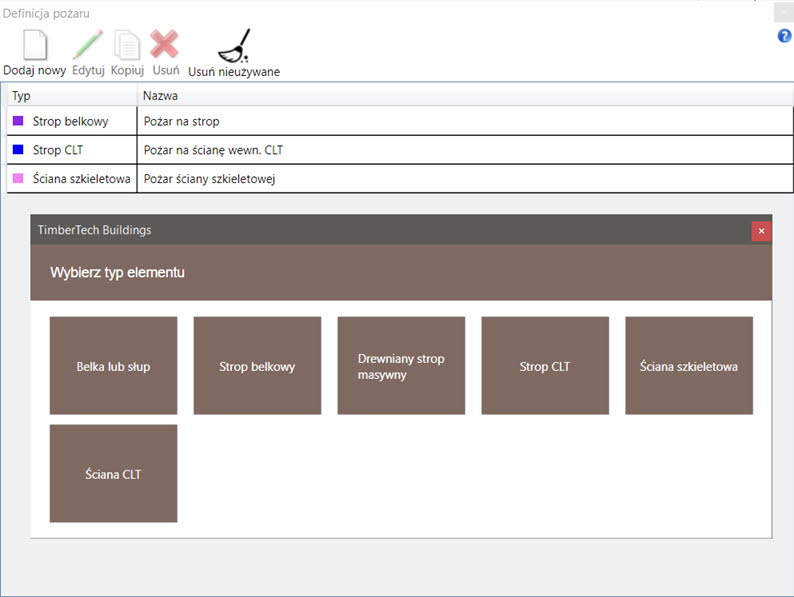Definiowanie parametrów pożaru i zabezpieczenia dla różnych elementów