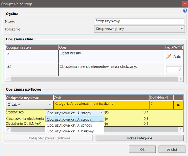 Określanie obciążeń stałych i zmiennych dla płyty stropowej