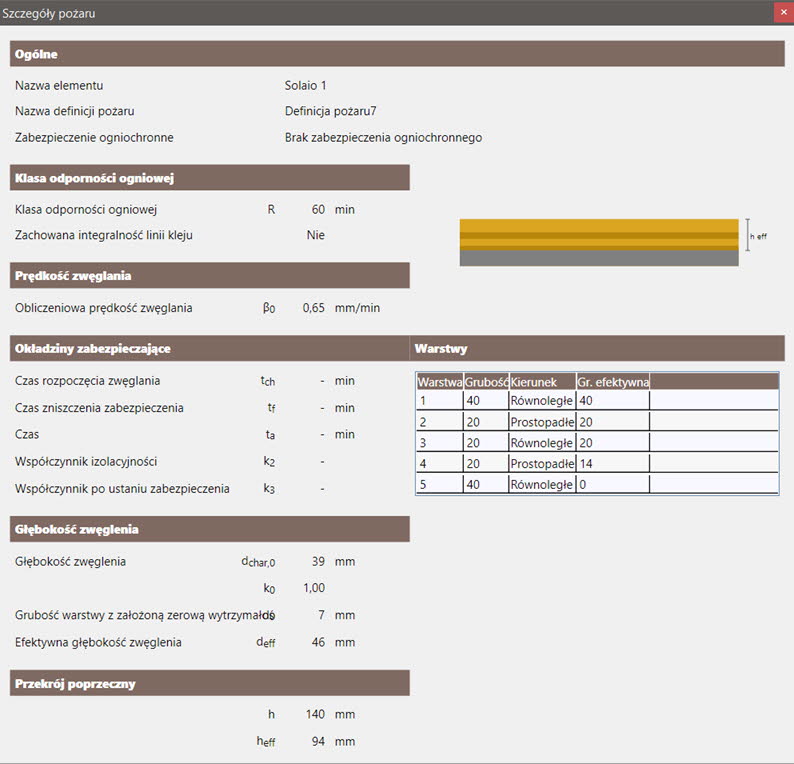 Przykładowe okno z wynikami obliczeń na warunki pożarowe płyty CLT