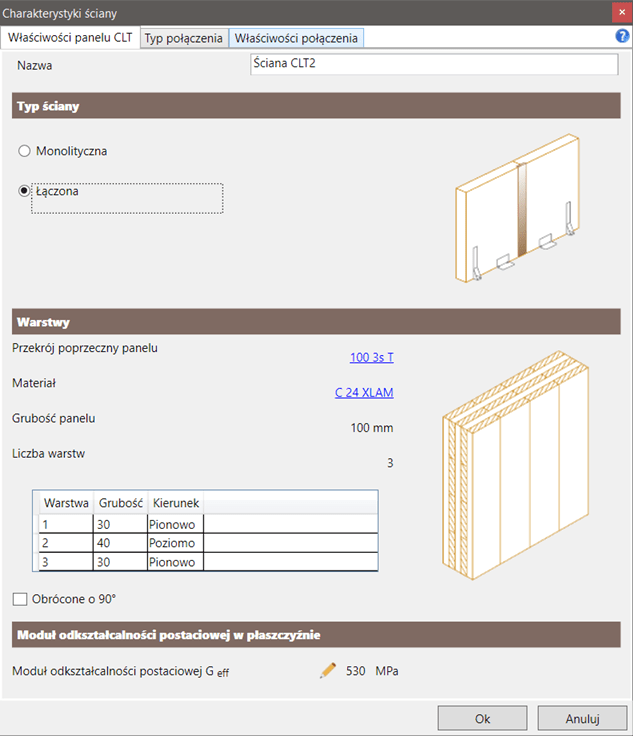 Okno dialogowe do definicji ściany CLT z połączeniami pionowymi